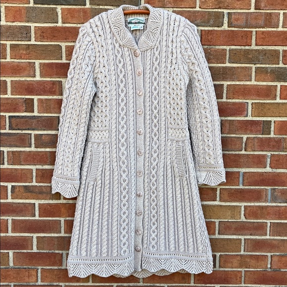 Aran Crafts Sweaters - Aran Crafts Merino Wool Button Front Cable Knit Scalloped Edge A-line Coat S